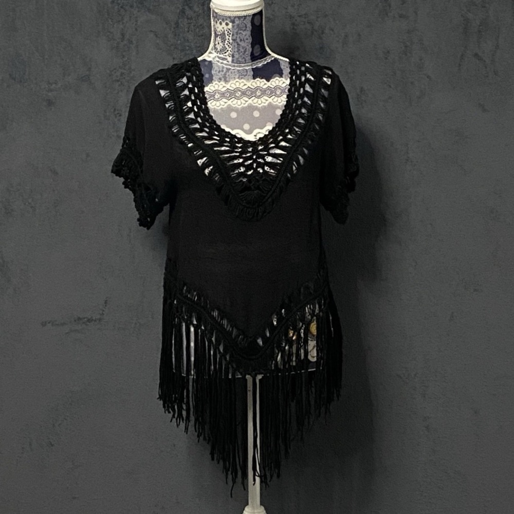 Vivid Importers Blouse Beach Cover Up Womens S Black Crochet Boho Resort Wear